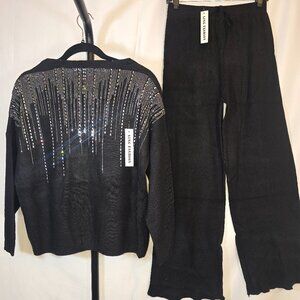 Black Mock Neck Rhinestone Design Rib Knit Pantsuit